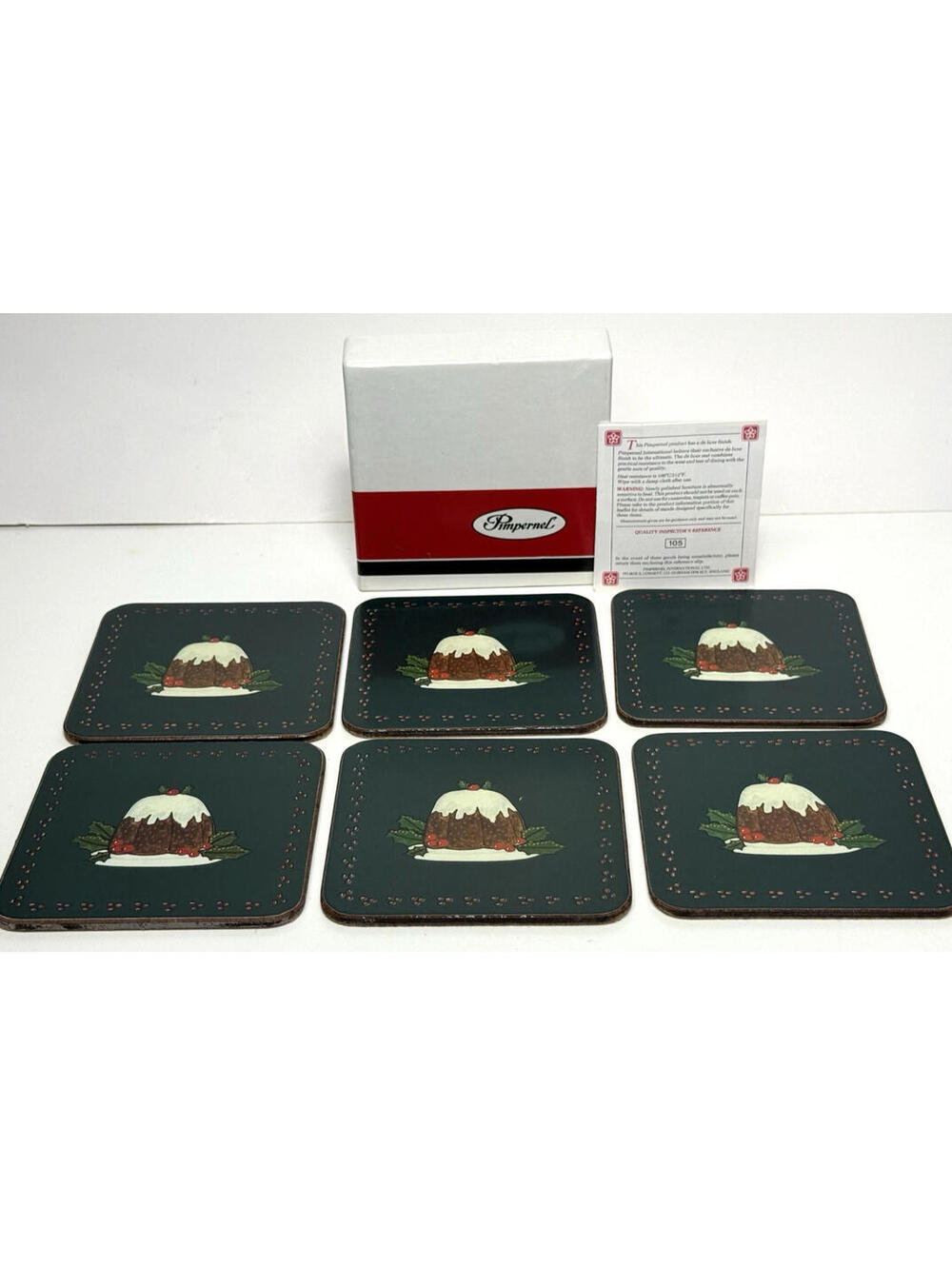 Vtg Pimpernel Christmas Pudding Coasters Set 6 Original Box England Cork Teal
